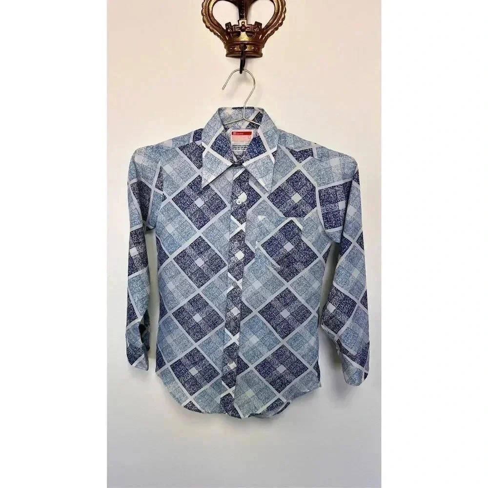 Vintage 90s Zayre Kids Blue Speckled Diamond Long Sleeve Button Up Shirt Size 12
